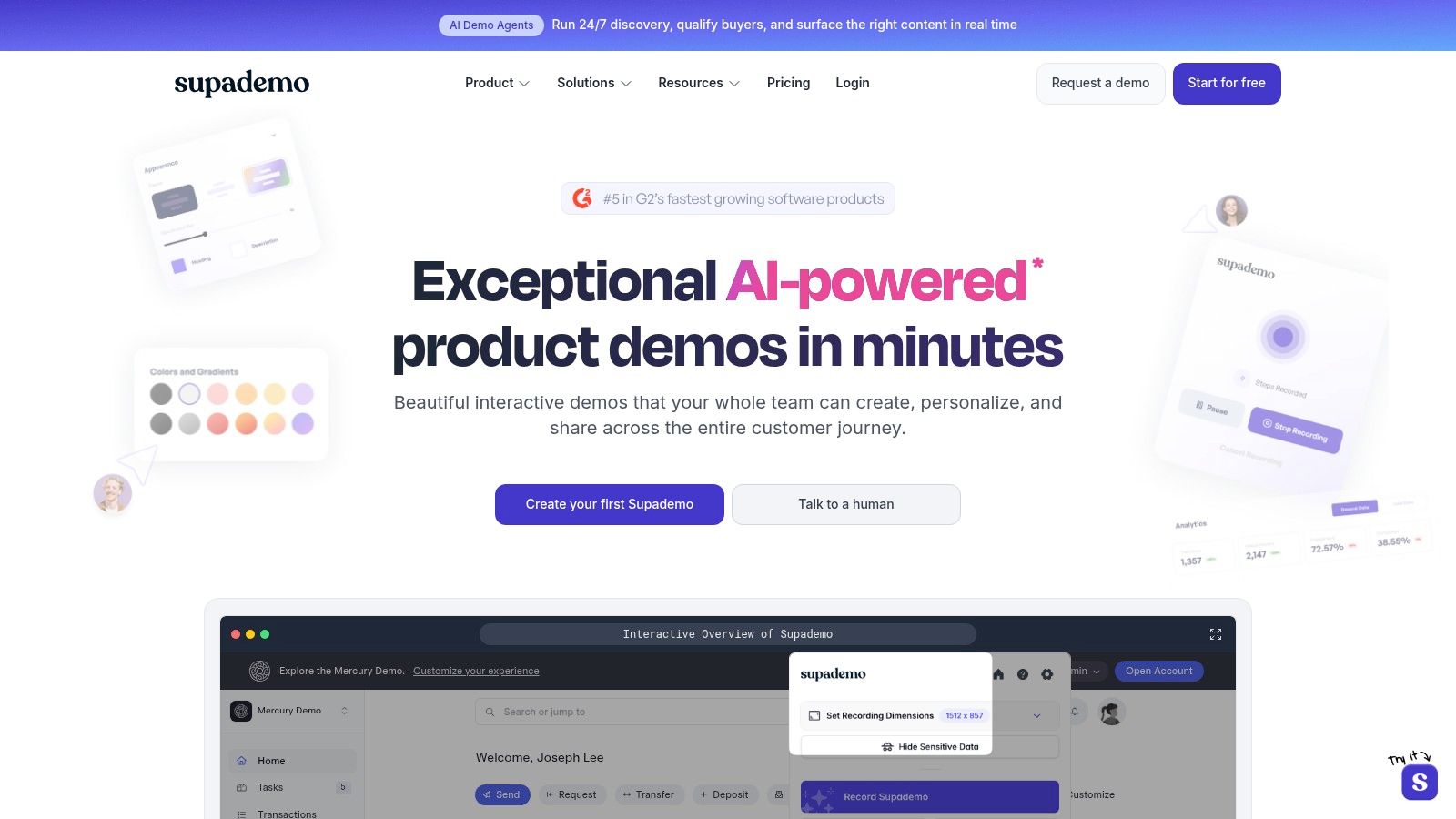 Supademo user interface showing an interactive, clickable product demo being built with annotations and steps.