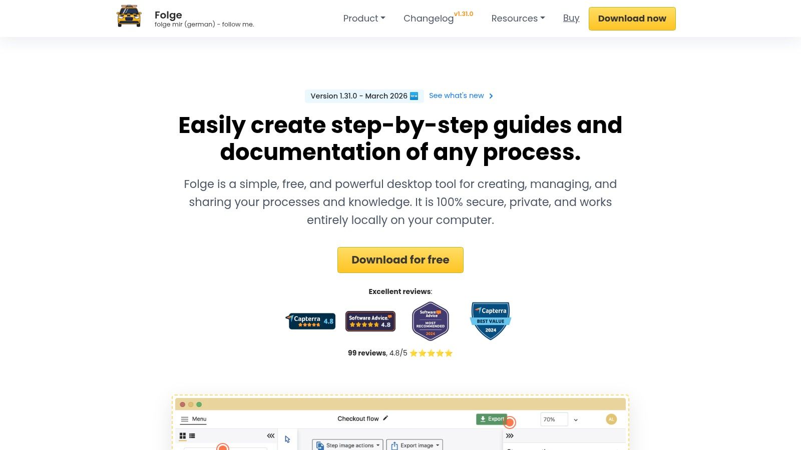 Folge user interface showing a step-by-step guide being edited with annotation tools.