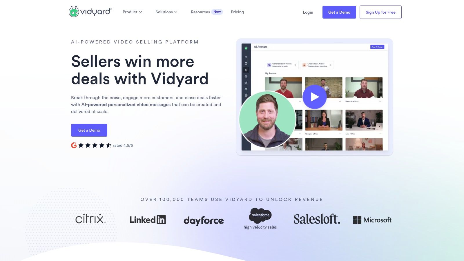 Vidyard interface showing a library of videos with analytics and sharing options.