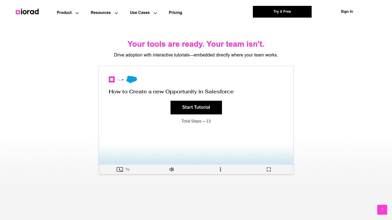 iorad user interface showing a step-by-step tutorial for Salesforce with highlighted elements and instructions.