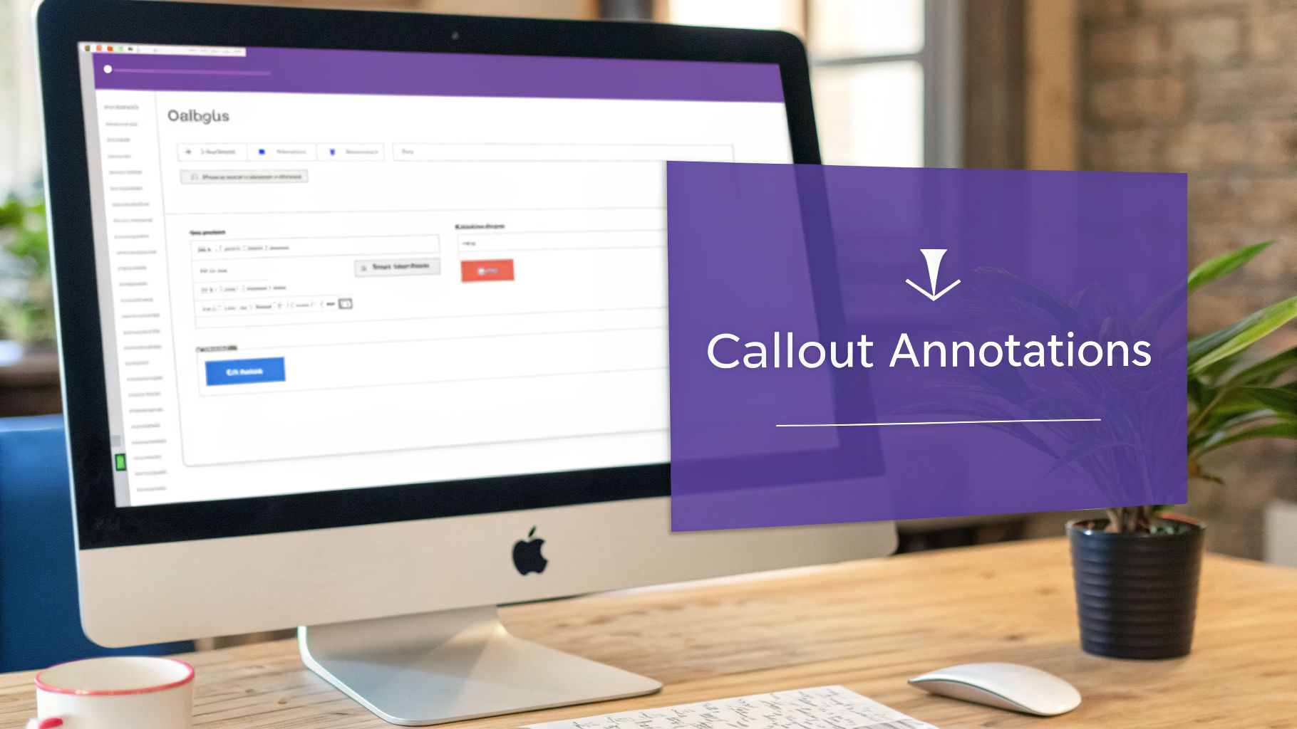 A desktop computer displaying a web application, partially covered by a purple overlay titled 'Callout Annotations'.