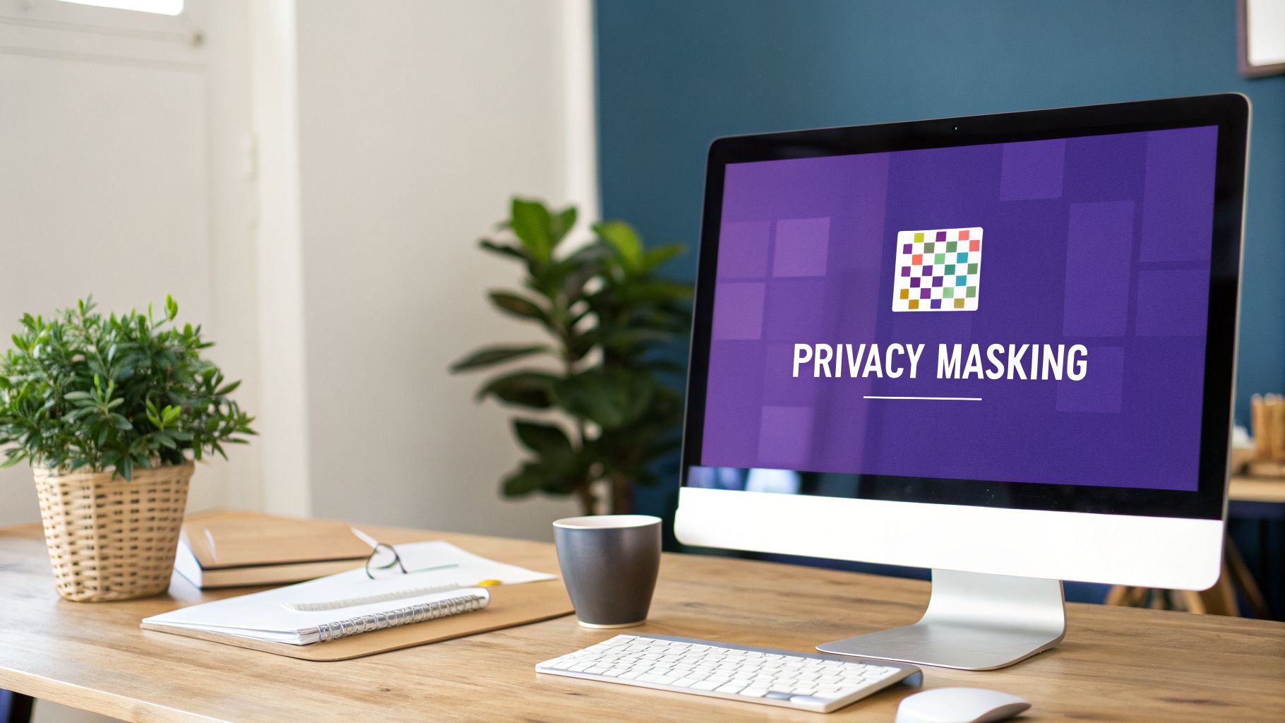 A computer monitor on a wooden desk displays 'Privacy Masking' with a colorful checkered logo.