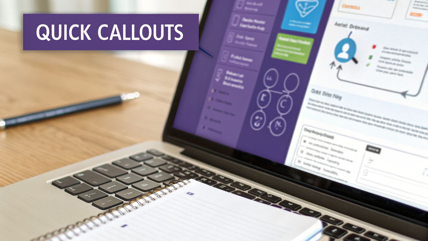 A laptop showing a purple interface with charts and text, a notebook, and a pen on a wooden desk, with a 'QUICK CALLOUTS' banner.