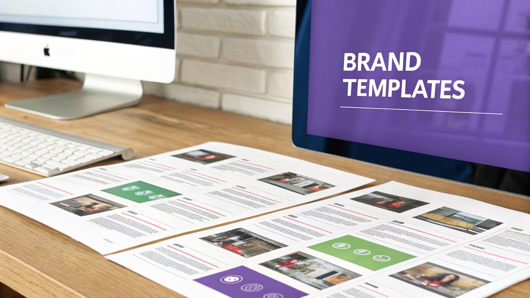 Desktop workspace with a monitor showing "BRAND TEMPLATES" and multiple printed design documents.