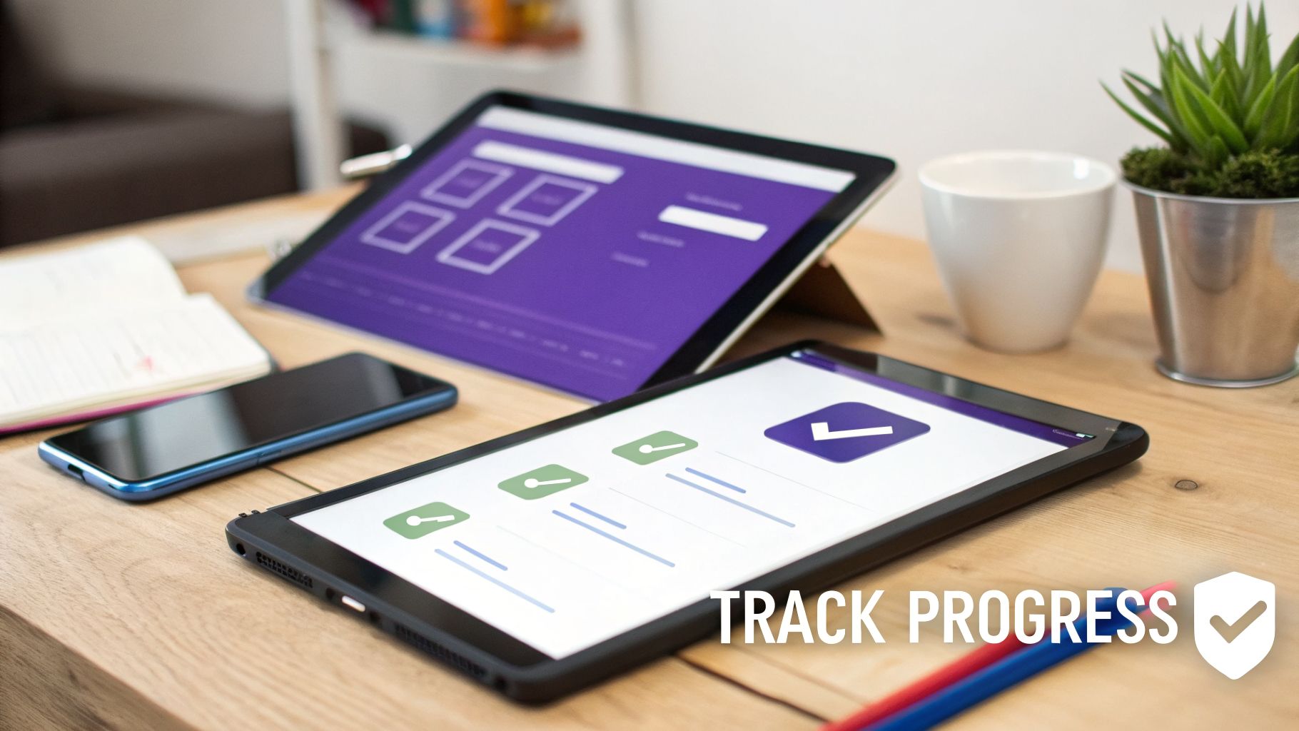 Two tablets, a smartphone, and a notebook on a wooden desk, illustrating digital progress tracking.