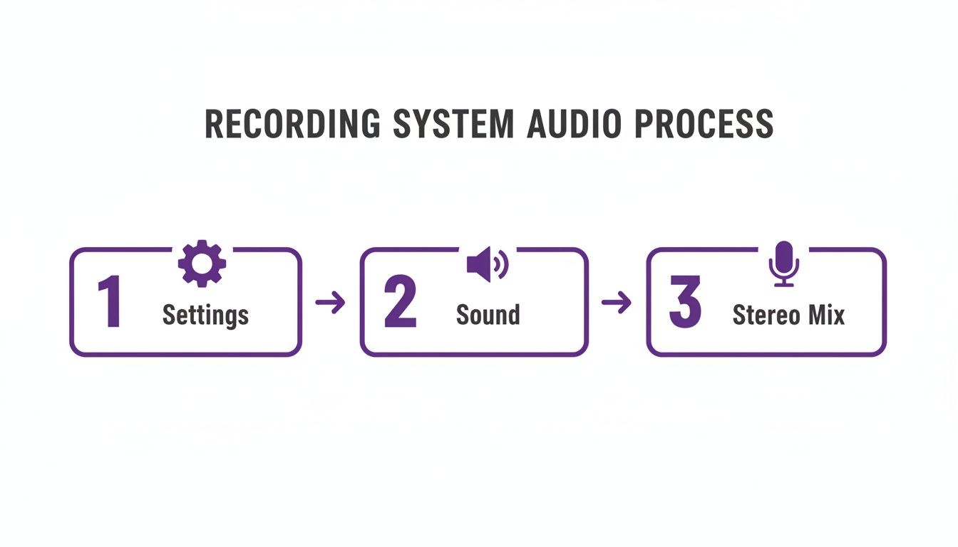 Diagram illustrating the three-step audio recording process: Settings, Sound, and Stereo Mix with icons.