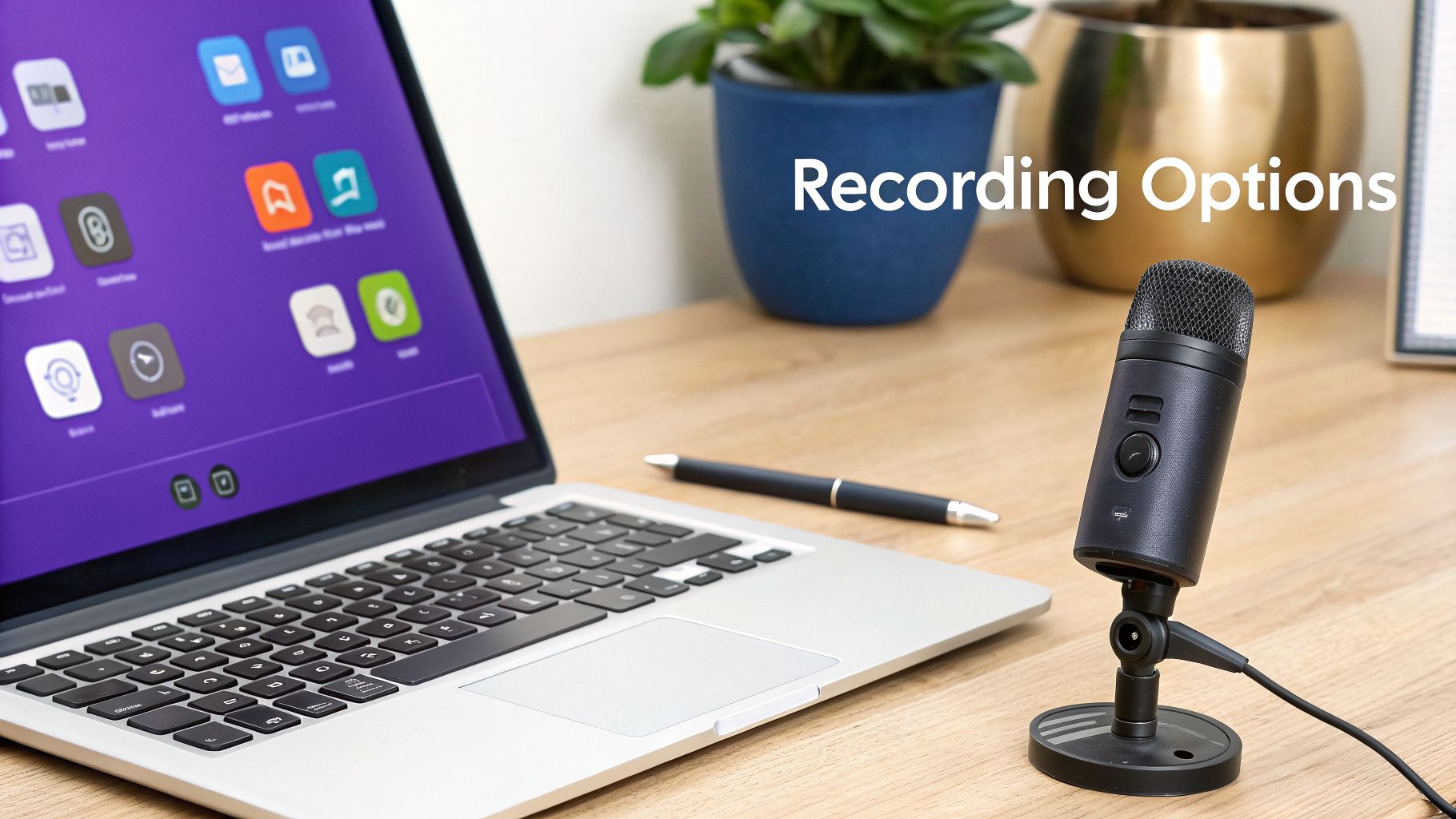 A laptop and a black microphone on a wooden desk with 'Recording Options' text.