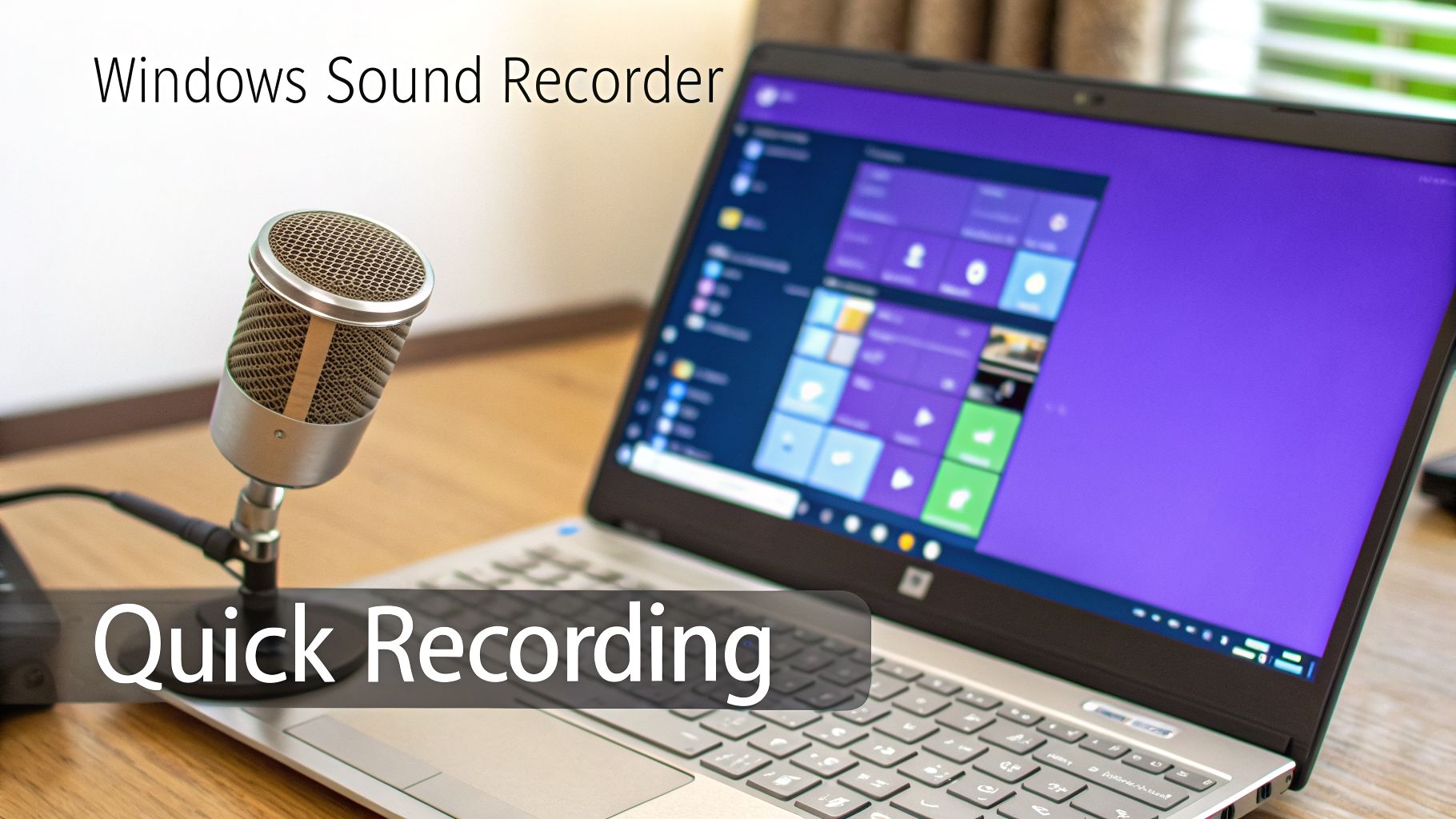 A microphone connected to a laptop displaying Windows software, with text about quick sound recording.