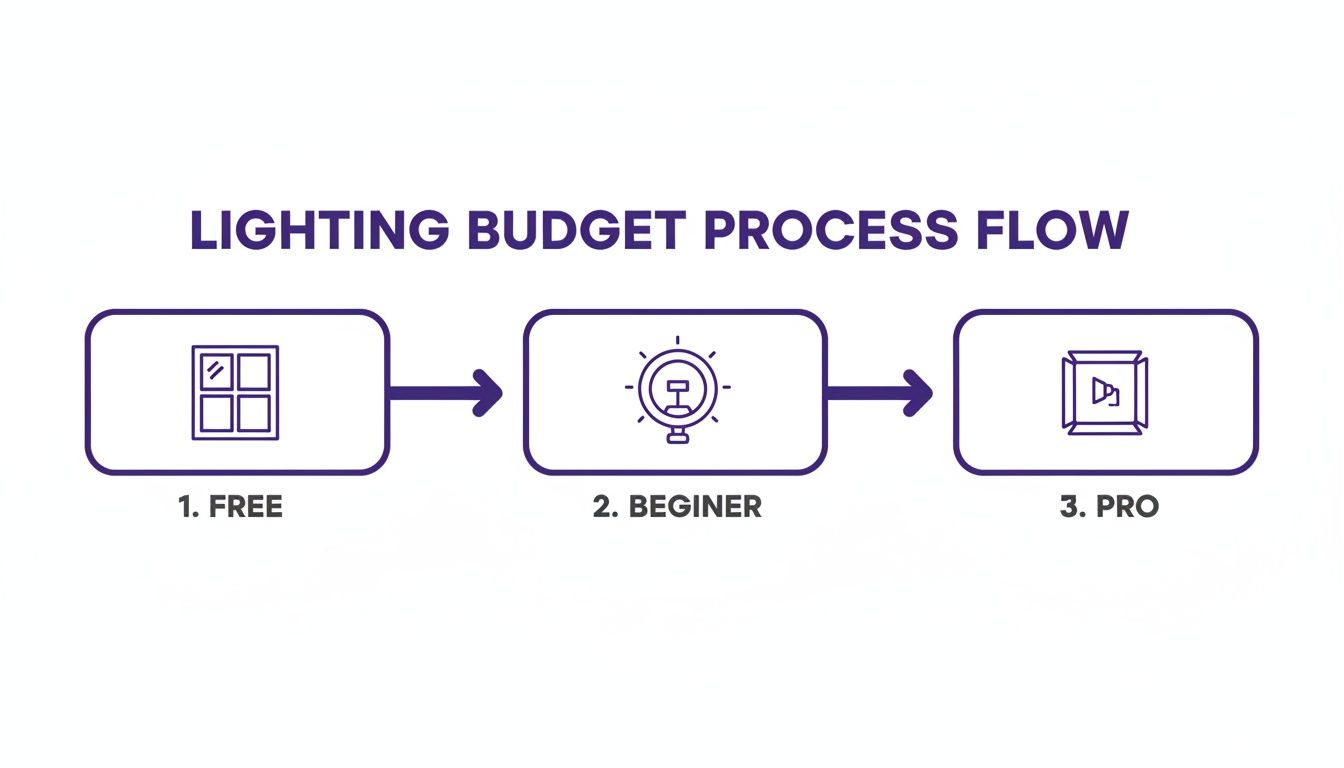Flowchart showing lighting budget process: Free (window), Beginner (ring light), and Pro (softbox).