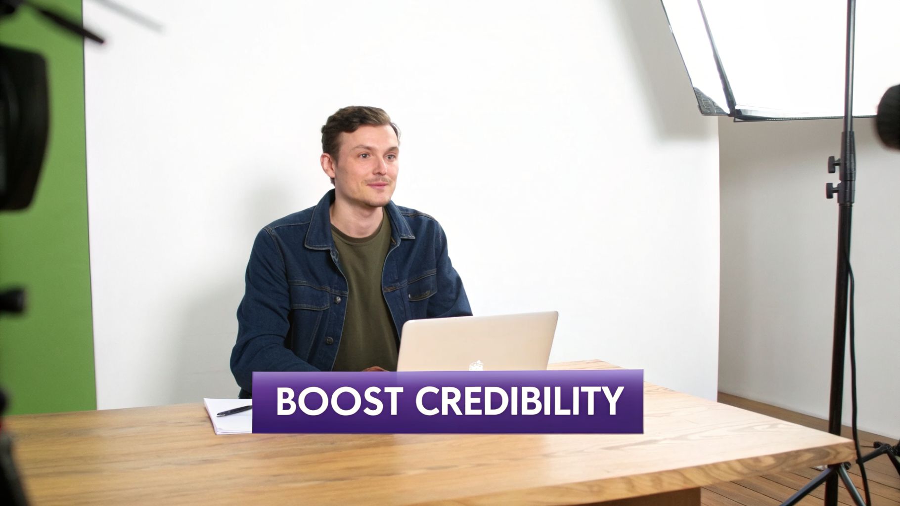 A man in a video recording studio, sitting at a desk with a laptop, displaying 'BOOST CREDIBILITY'.