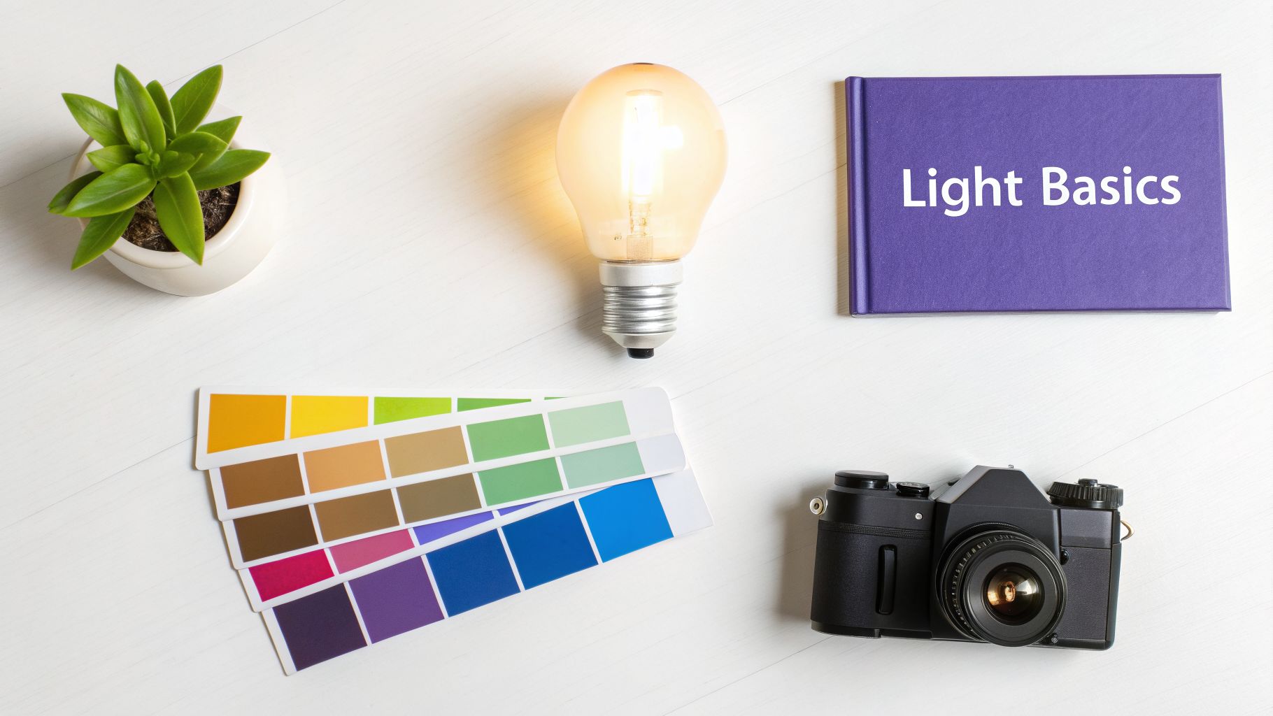 A flat lay shows a plant, glowing light bulb, 'Light Basics' book, color swatch, and camera on white wood.