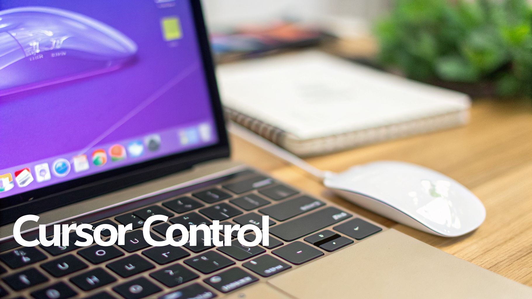 A close-up shot of a white wired computer mouse next to a laptop keyboard with a purple screen.