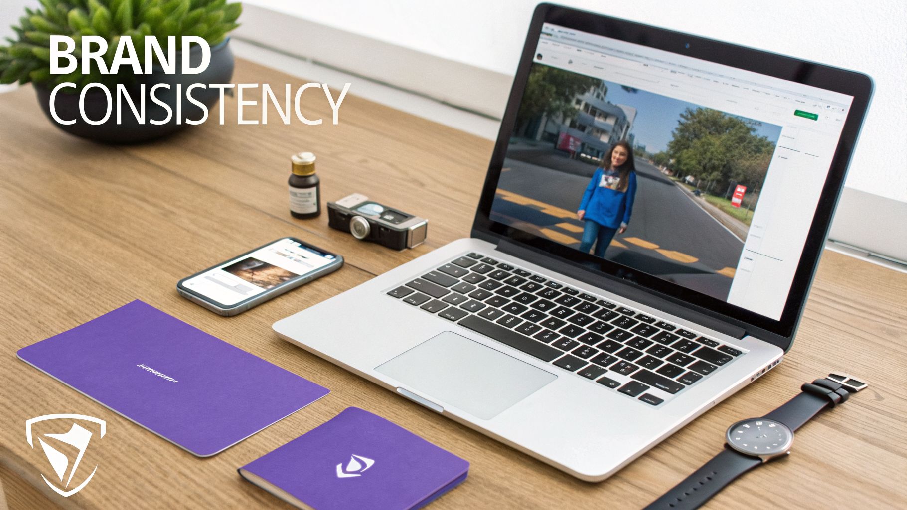 A wooden desk setup with a laptop displaying a woman, smartphone, purple notebooks, and watch, with 'BRAND CONSISTENCY' text.