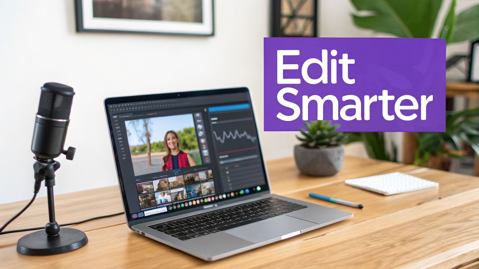 A modern laptop with video editing software open, a microphone, and a succulent plant on a wooden desk.
