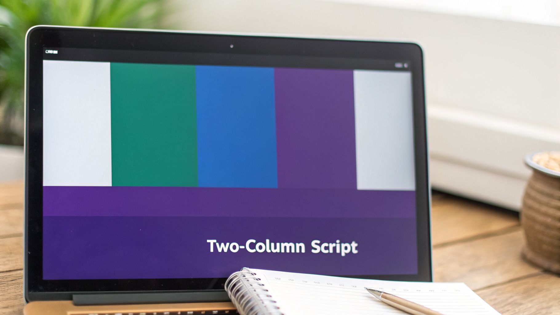 Laptop screen displaying a presentation slide with 'Two-Column Script' text, alongside a notebook and pen.