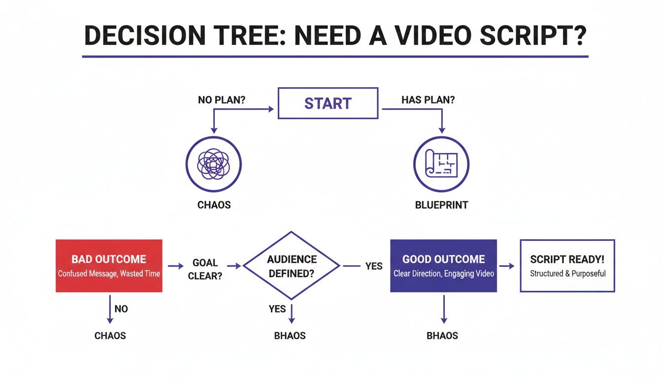 A decision tree flowchart illustrating the process of creating a video script, leading to different outcomes.