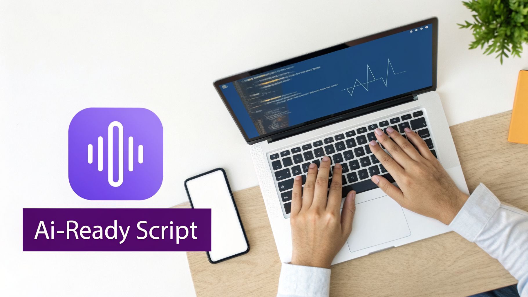 Person typing on a laptop displaying code and a graph, next to an 'Ai-Ready Script' banner and audio icon.