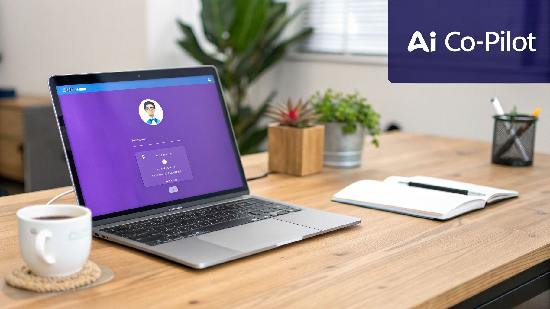 A laptop on a wooden desk displays an AI Co-Pilot interface next to a coffee cup and notebook.