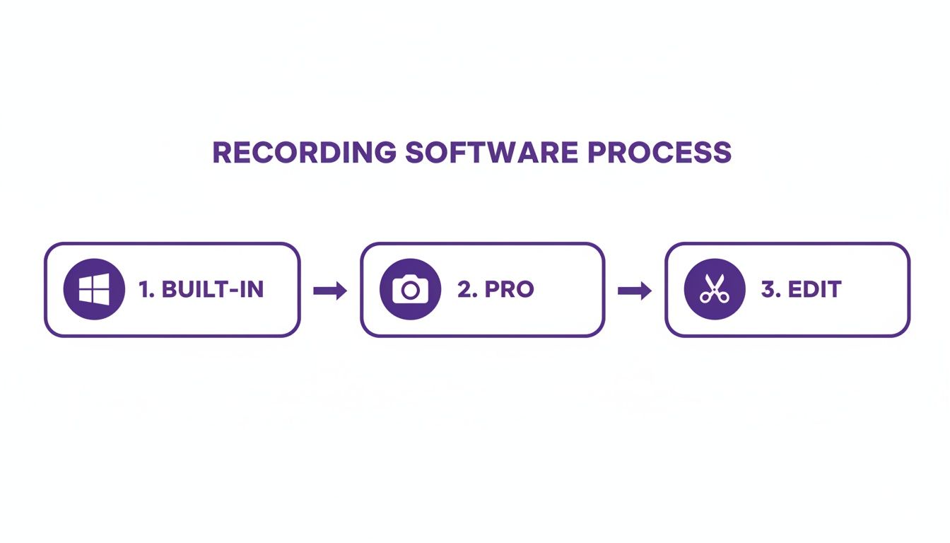 A diagram illustrates the screen recording software process from built-in Windows to professional tools and editing.