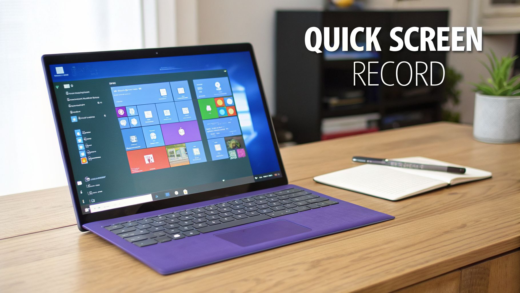 A laptop displaying the Windows 10 Start Menu with a purple keyboard on a wooden desk.