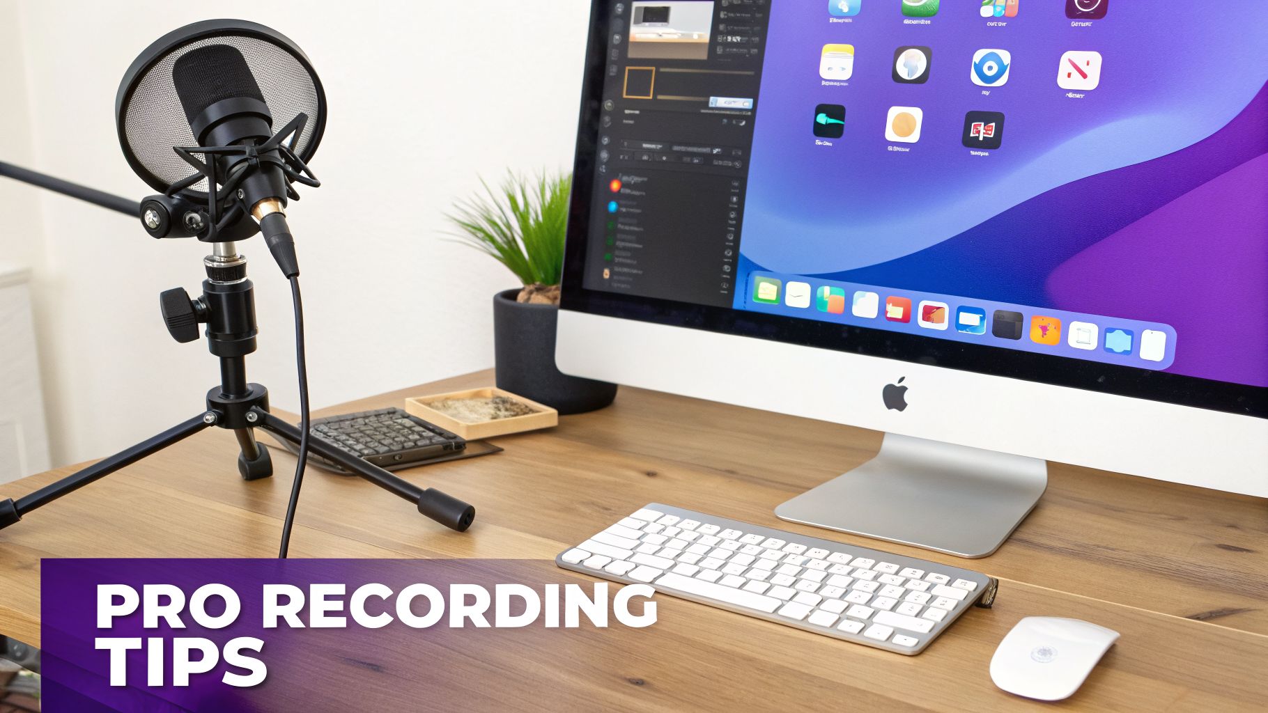 A professional recording setup featuring a microphone with a pop filter and an Apple iMac computer on a wooden desk.