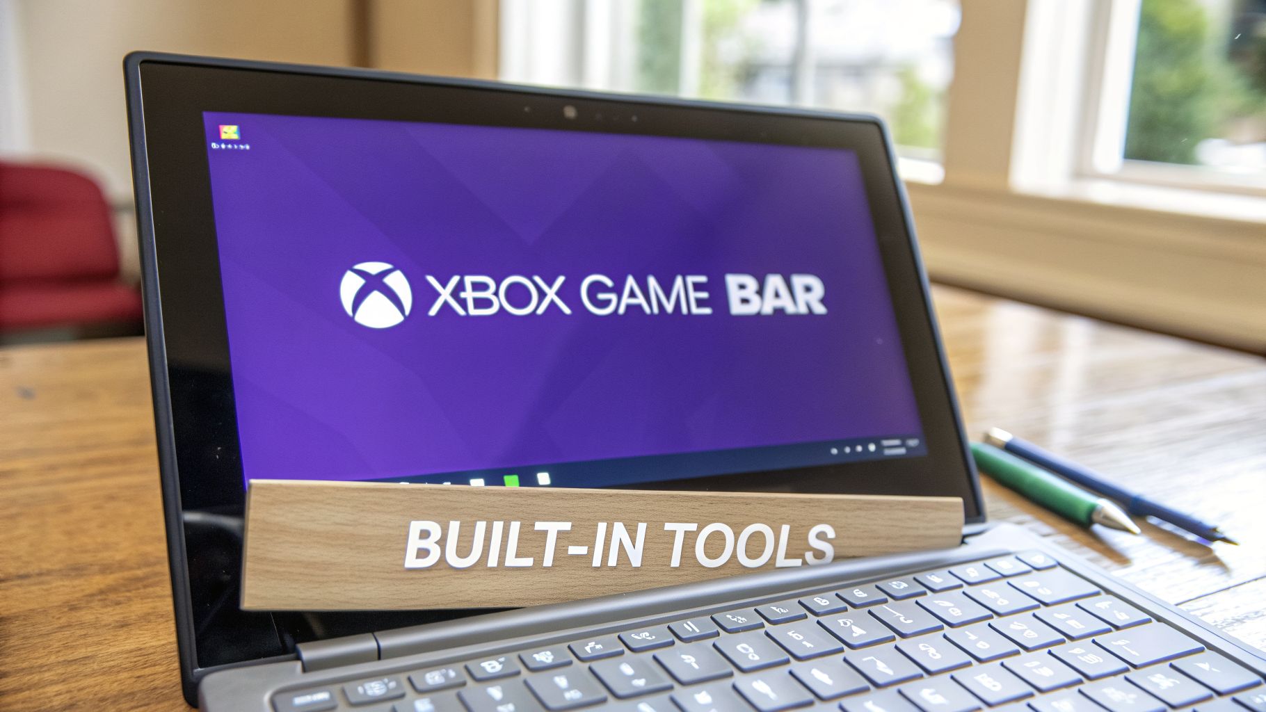 Laptop screen displaying Xbox Game Bar logo with 'Built-In Tools' sign, highlighting a key Windows feature.