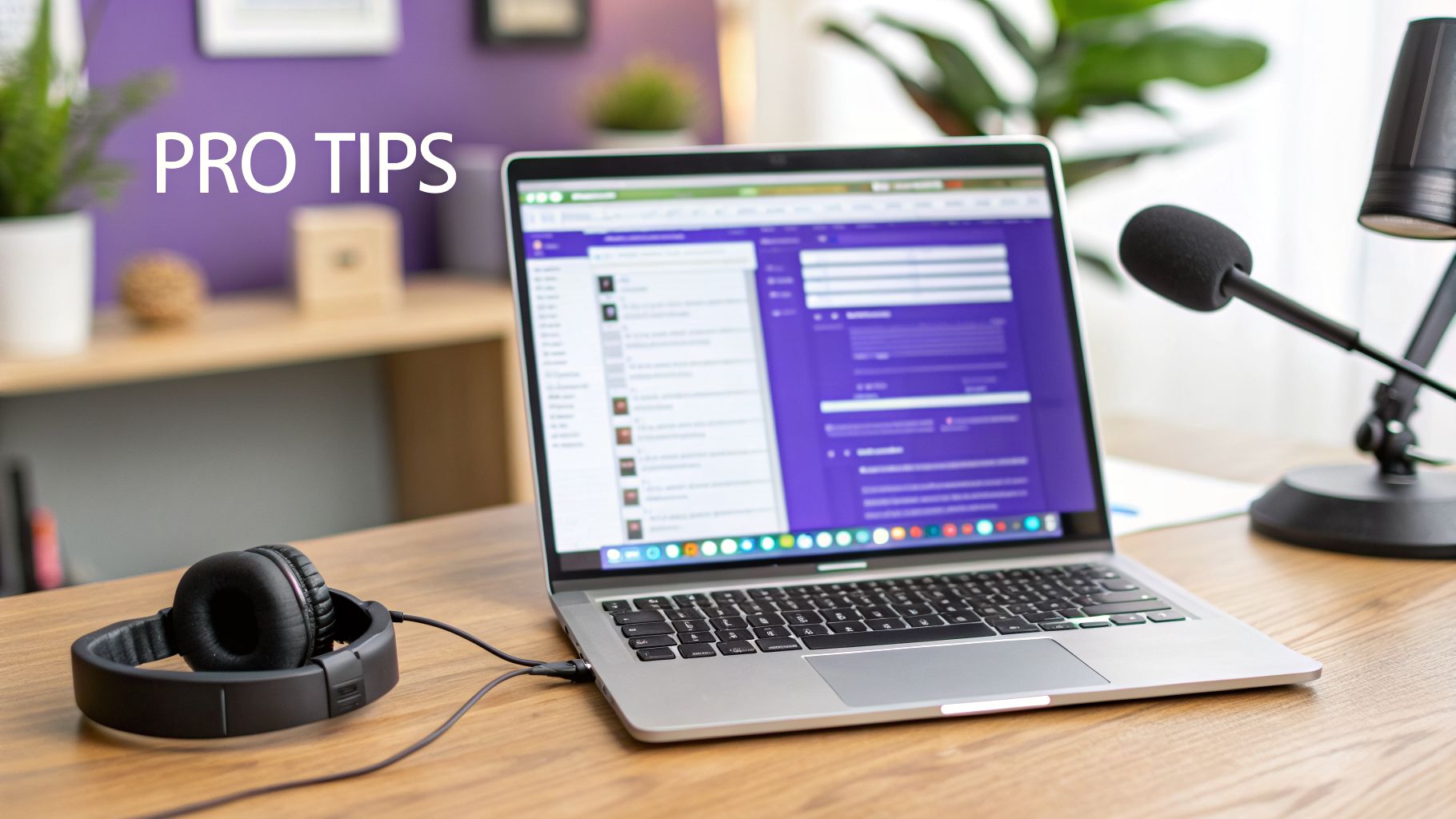 Laptop, headphones, and microphone setup on a wooden desk for podcasting or online meetings.