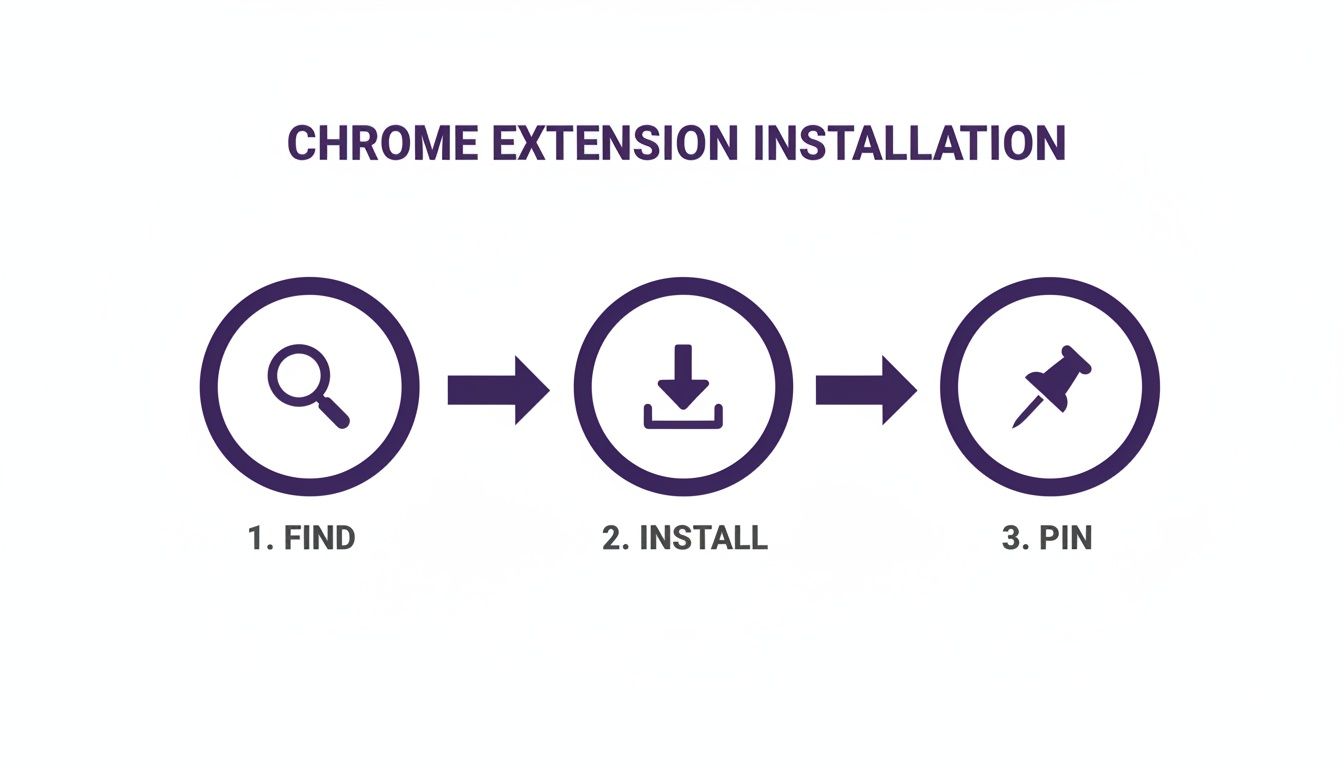 A visual guide illustrating three steps for Chrome extension installation: Find, Install, and Pin.