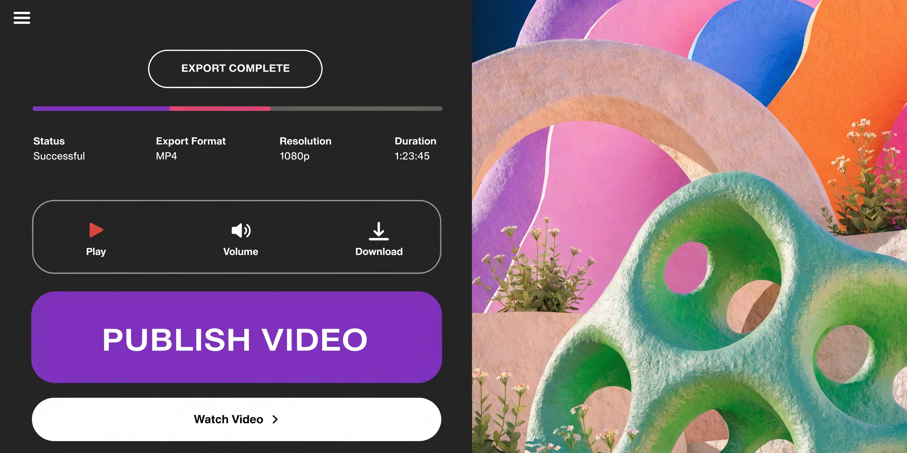 A digital screen showing a completed video export interface with options to play, adjust volume, download, or publish.
