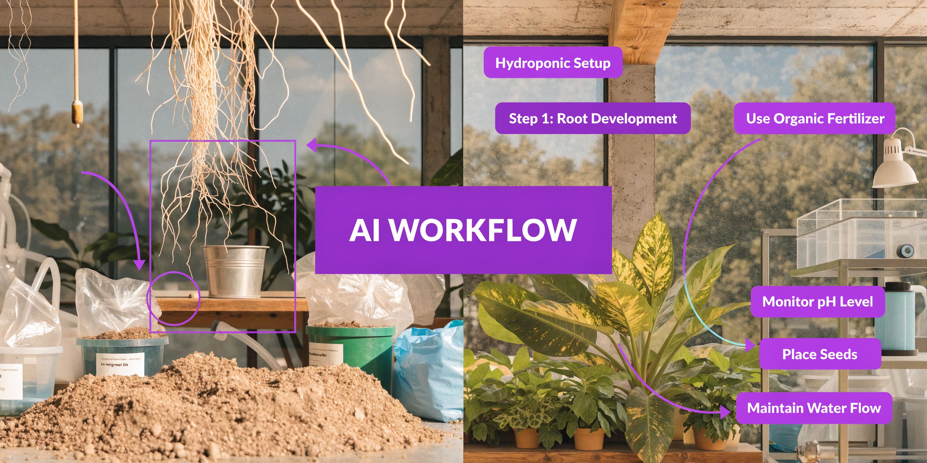 A split image illustrating an AI workflow for hydroponic plant growth with text labels and root visualization.