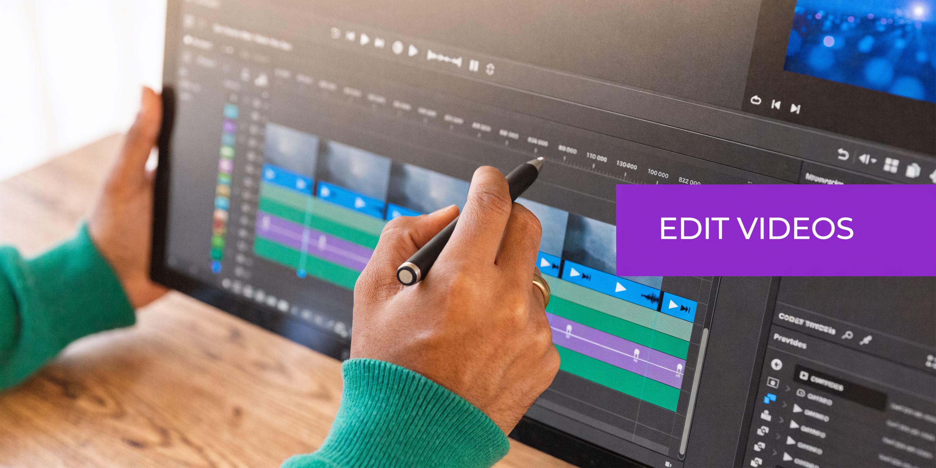 A professional video editor uses a digital stylus on a touchscreen monitor to refine project timelines.