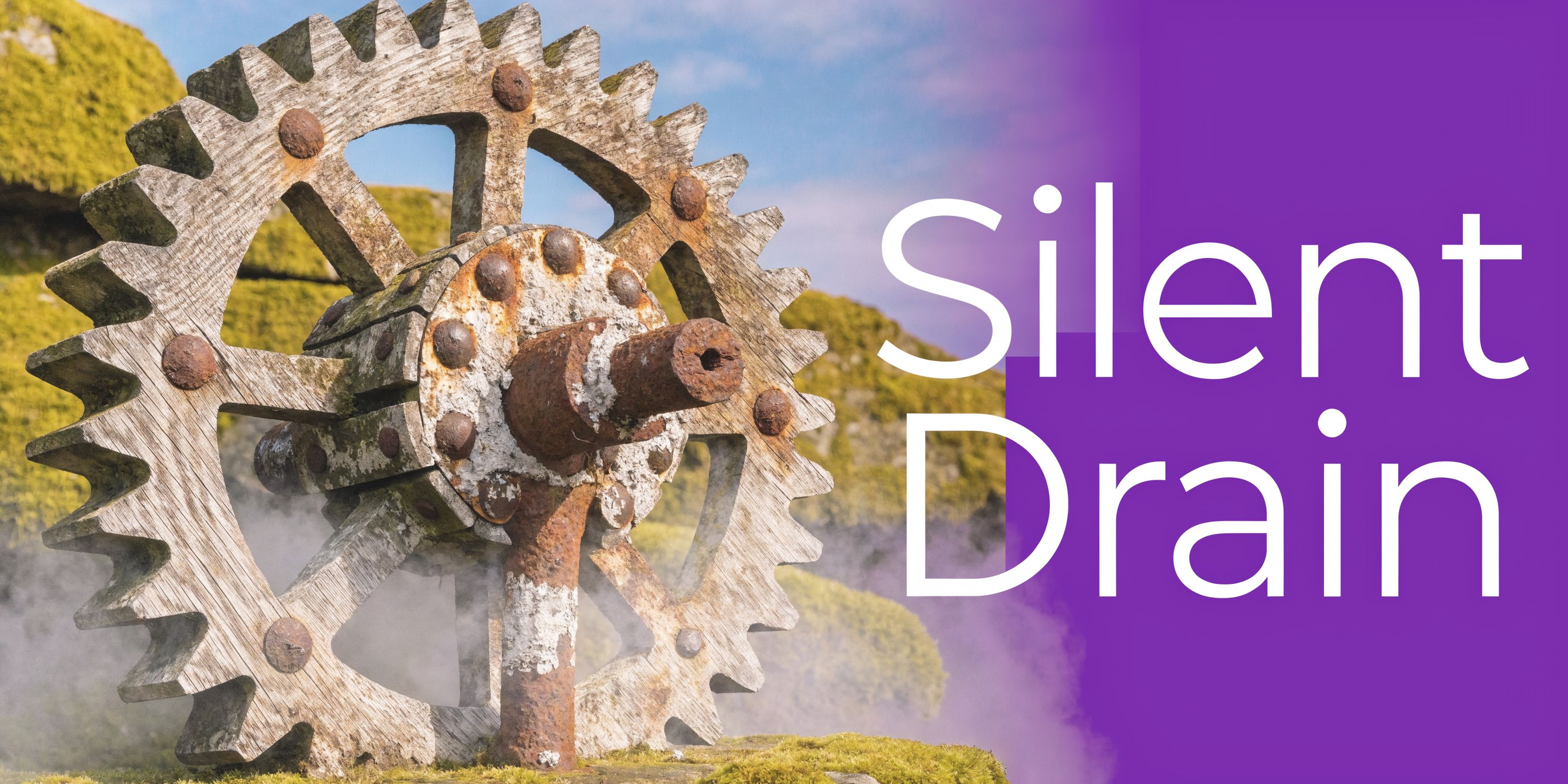 A large, weathered, mossy wooden gear wheel stands amidst thick steam in a natural landscape setting.