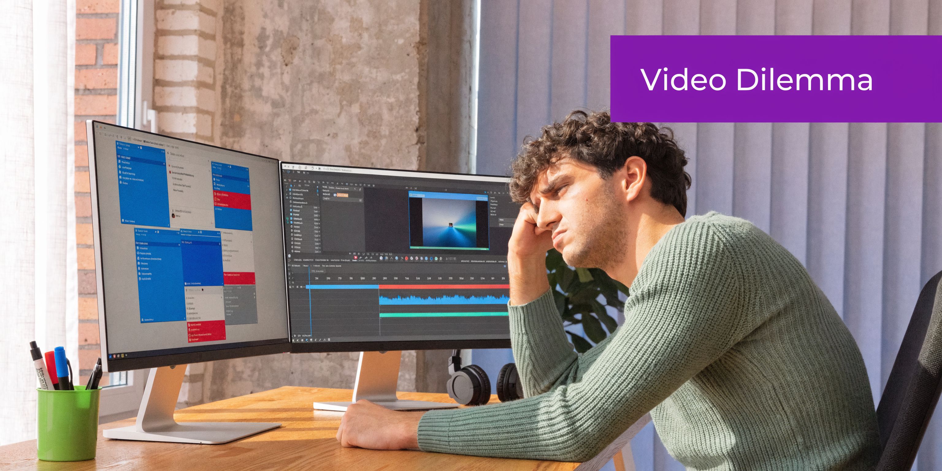 A tired young video editor sitting at his desk, overwhelmed while working on professional video editing software.