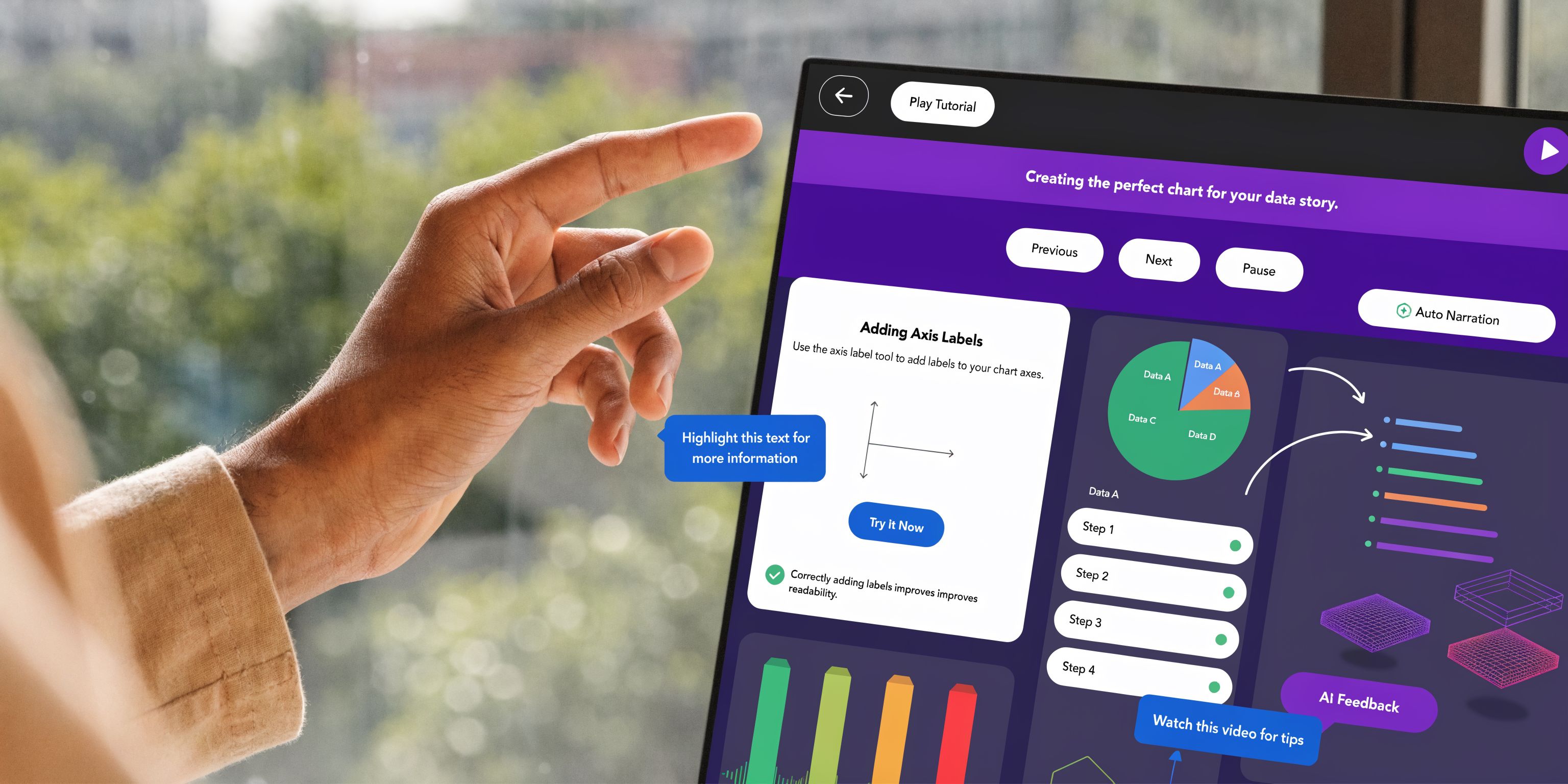 A person gesturing towards a digital screen displaying an interactive AI video creation tutorial for chart design.
