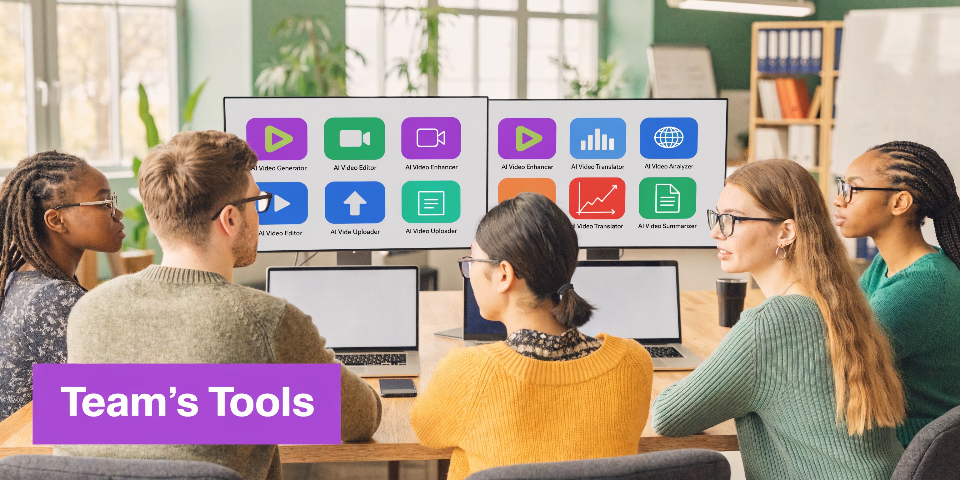 A diverse team of professionals collaborating around a table while viewing AI video creation tools on monitors.