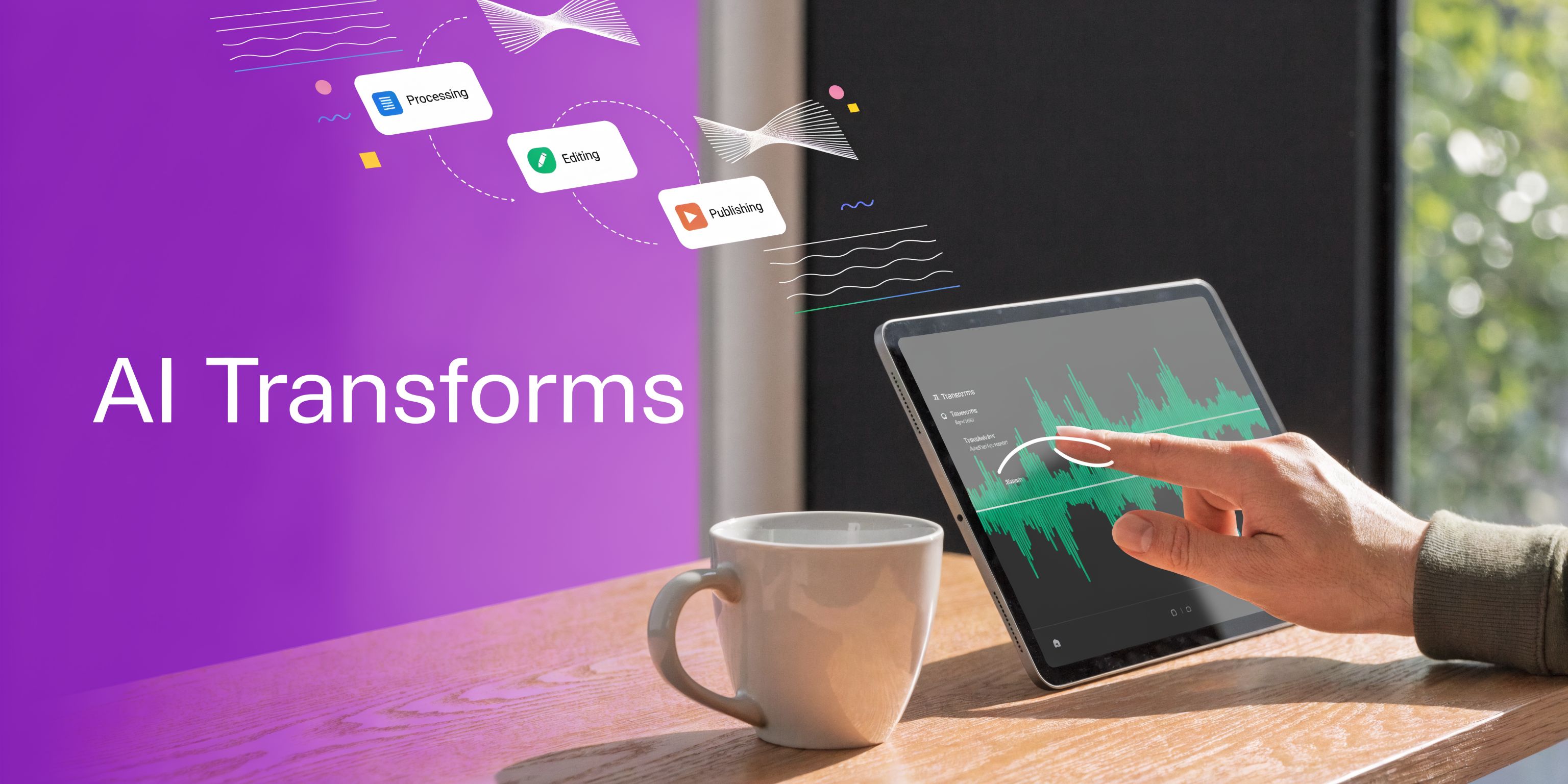 A person using a tablet to edit audio waveforms with AI technology alongside a coffee cup.