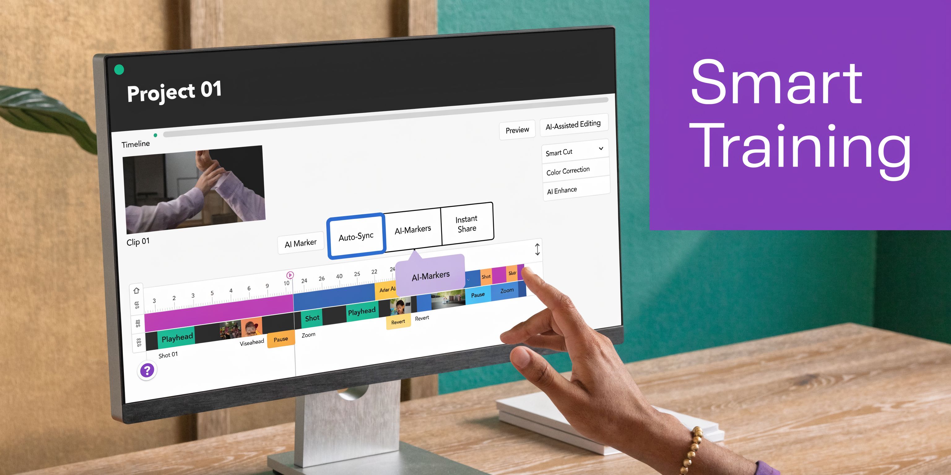 A person pointing at a computer screen showing video editing software interface with AI features highlighted.