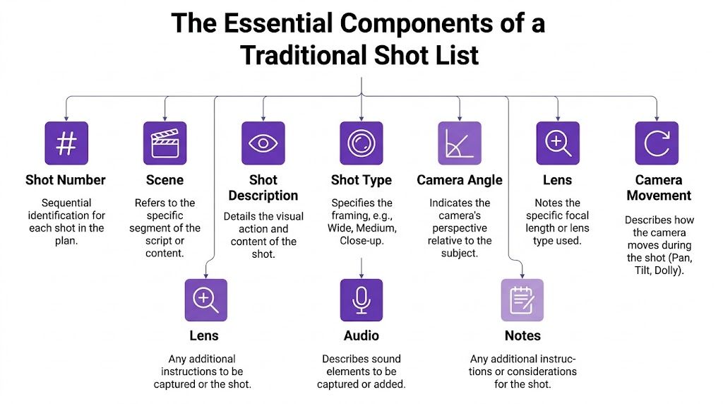 A diagram illustrating the essential components of a traditional shot list for film and video production.