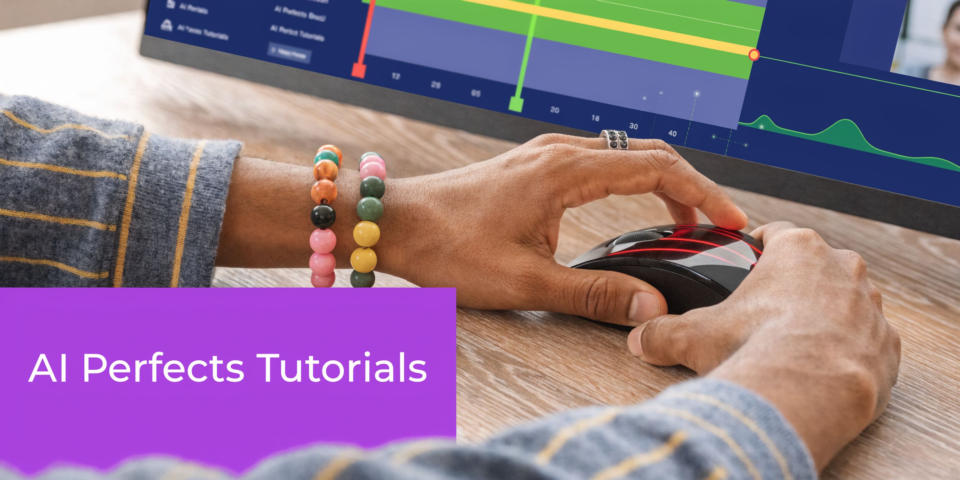 A close-up view of a person wearing bracelets using a computer mouse to edit digital media content.