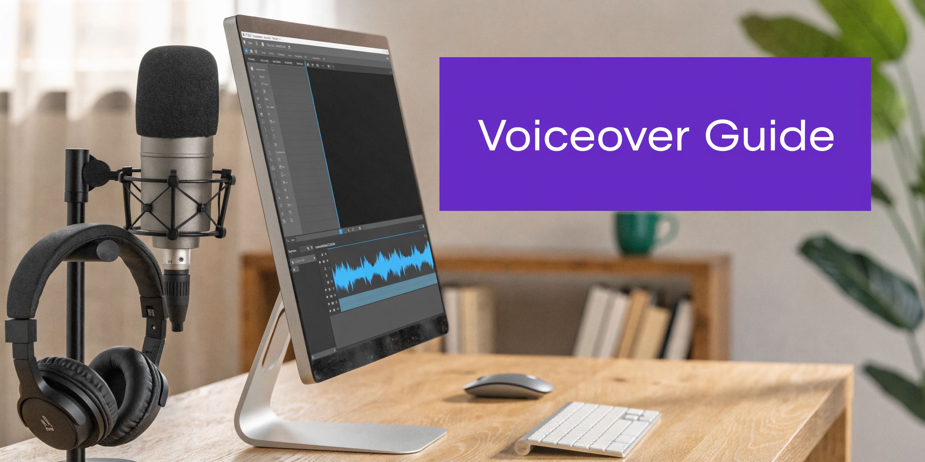 A professional home recording studio setup with a microphone, headphones, and computer showing audio editing software.