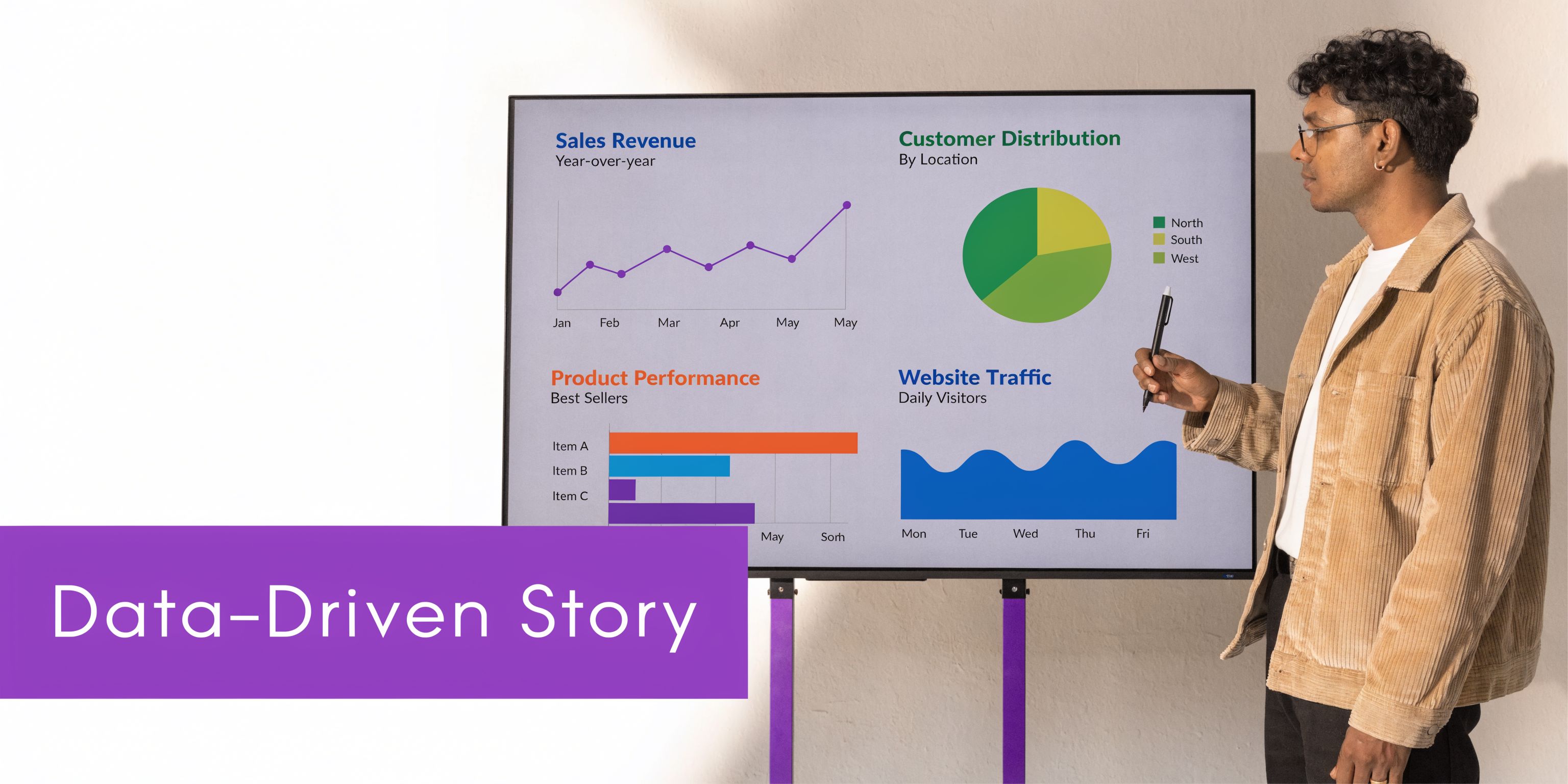 A professional man standing next to a large digital screen displaying various data charts and graphs.
