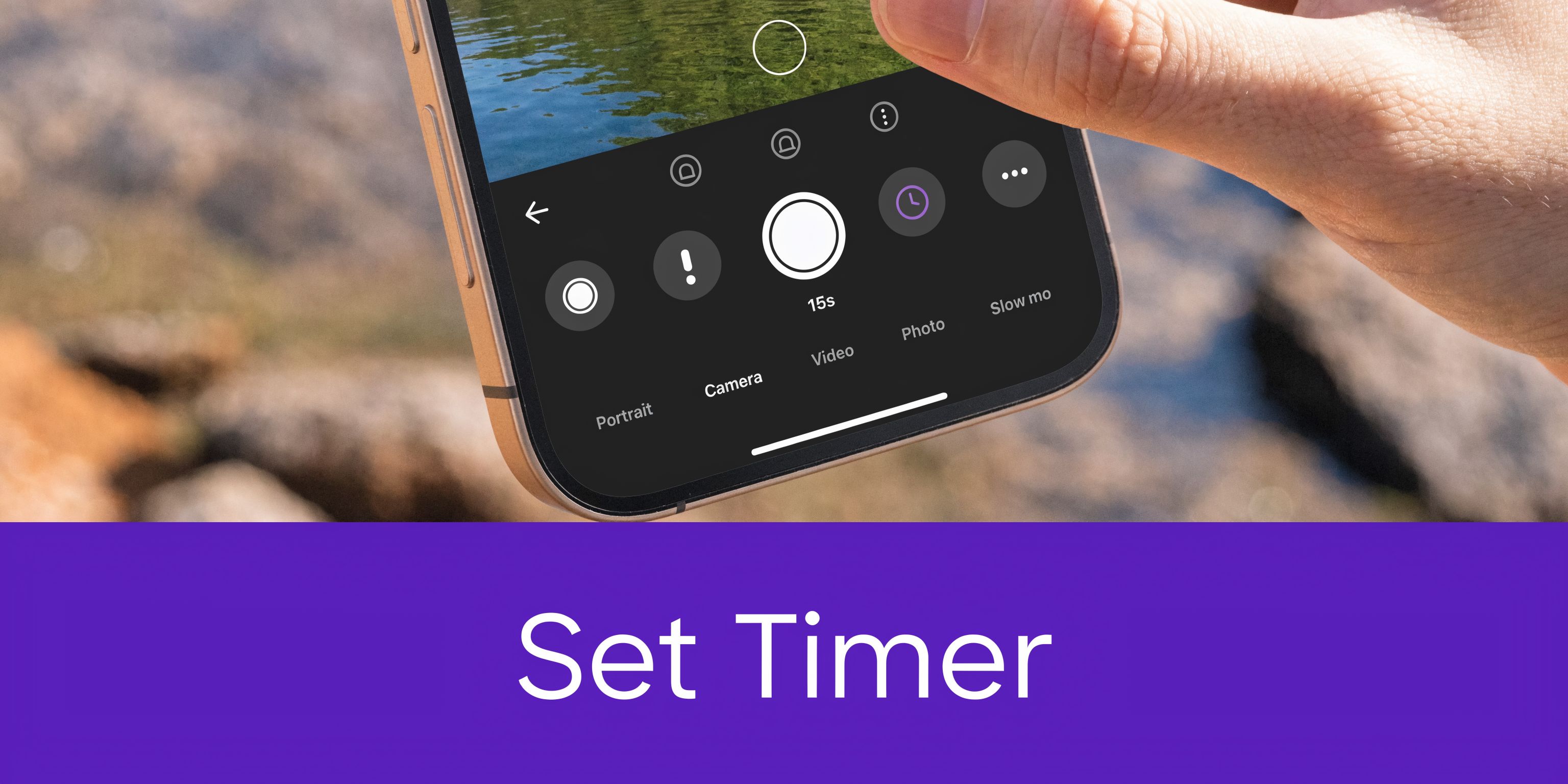A close-up of an iPhone screen showing the camera interface with the timer function selected for video recording.