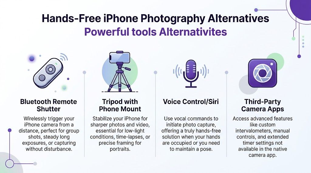 An infographic detailing four hands-free methods for iPhone photography including remote shutters, tripods, voice control, and apps.