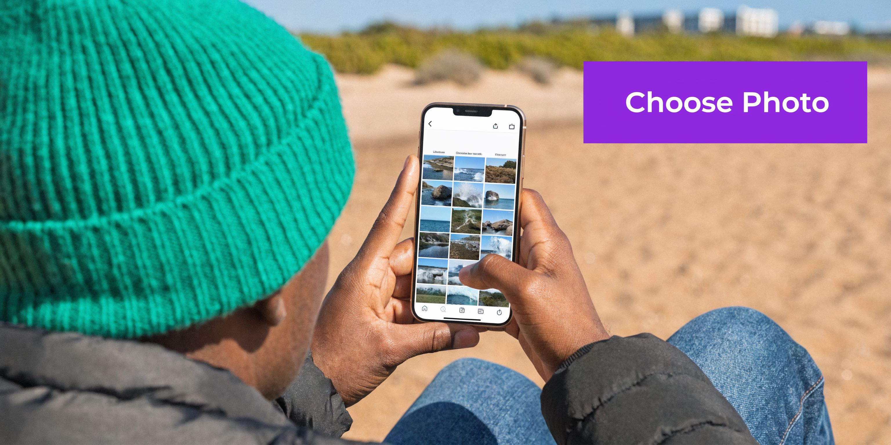 A person wearing a bright green hat holds a smartphone displaying a gallery of beach photos.