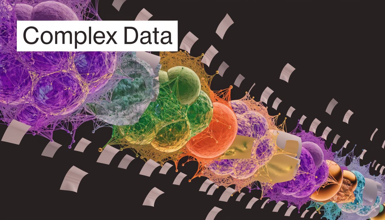 A digital representation of complex data visualization showing interconnected spheres and structures on a dark background.