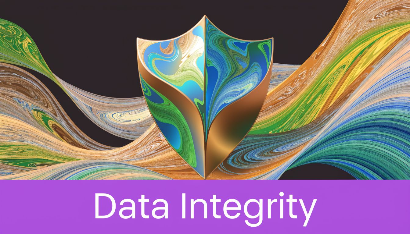 A digital graphic featuring a metallic shield logo over swirling blue and green patterns labeled Data Integrity.