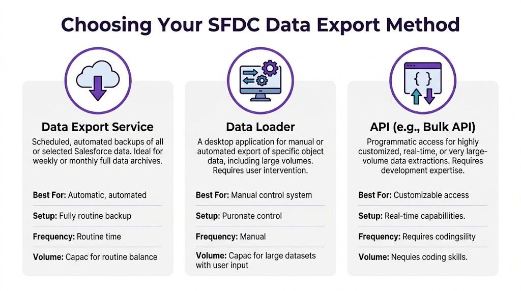 A comparison chart outlining three methods for SFDC data export: Data Export Service, Data Loader, and API.