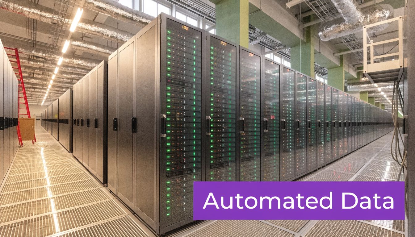 Rows of server racks with glowing green indicator lights in a large data center facility.