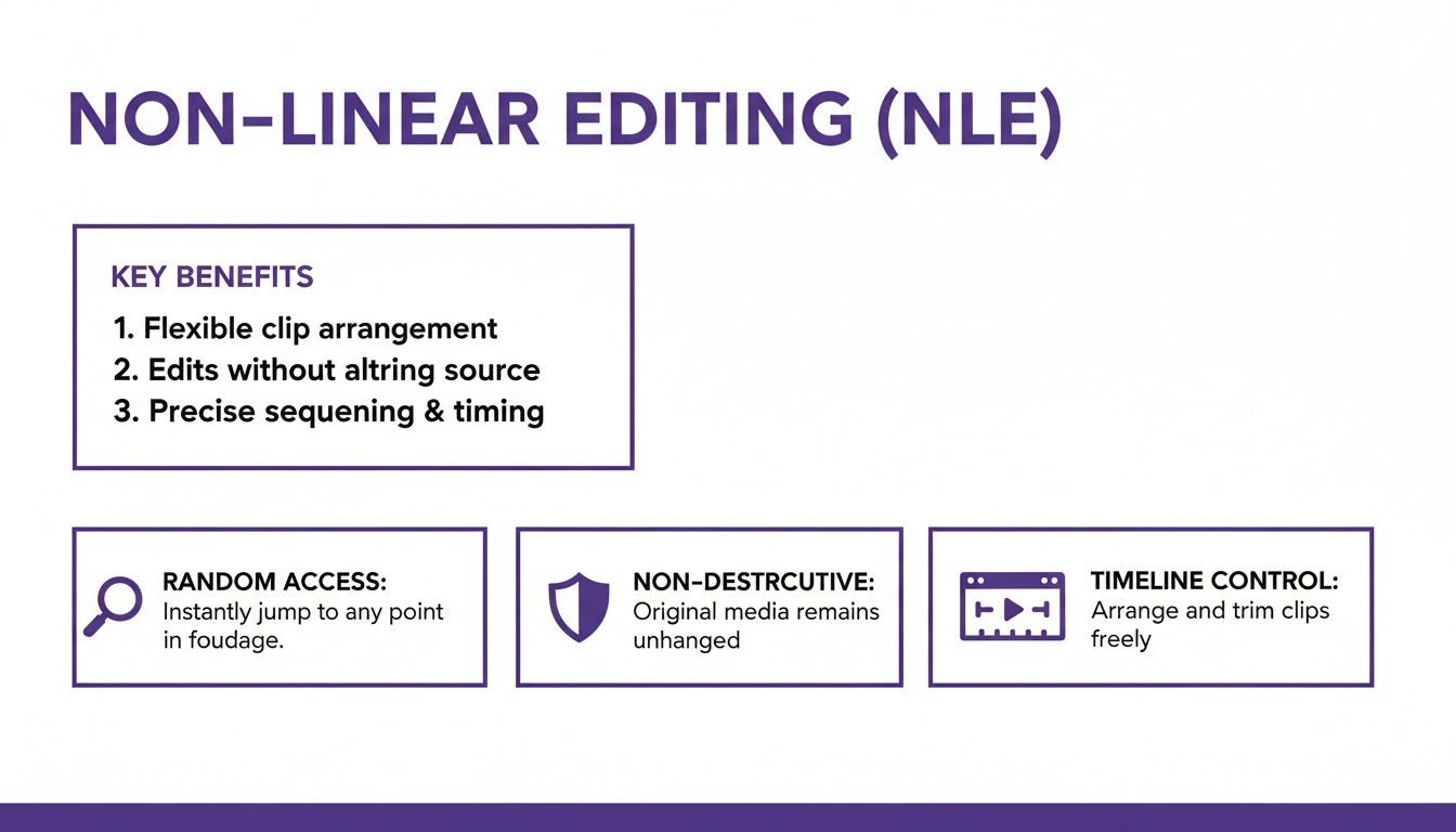 Infographic detailing Non-Linear Editing (NLE) key benefits: flexible clip arrangement, random access, non-destructive editing, and timeline control.