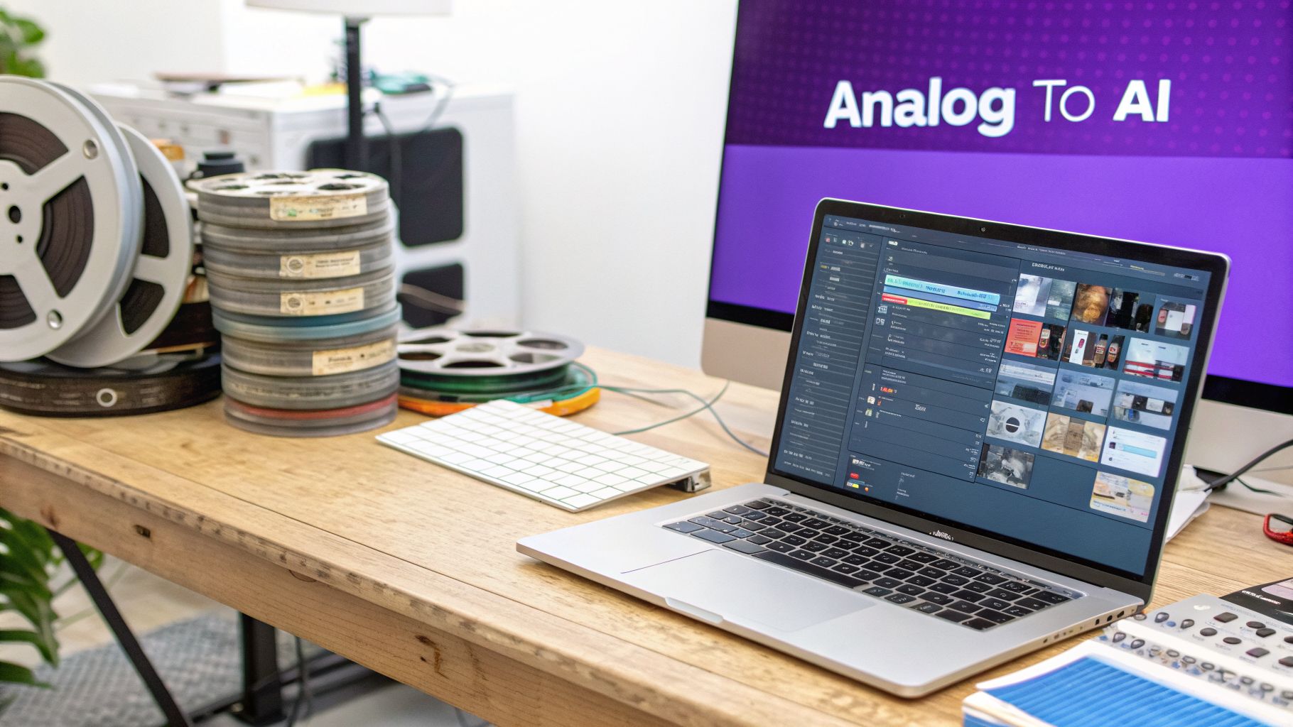 Film reels and a laptop on a wooden desk, with a monitor displaying 'Analog TO AI' text.
